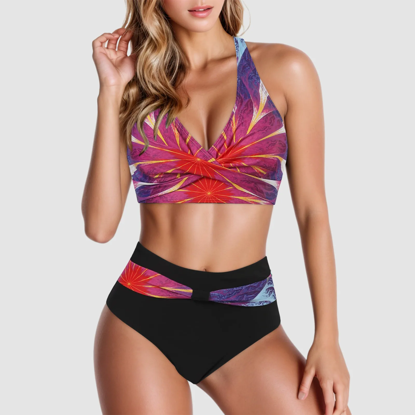 Maiô feminino cintura alta sexy push up conjunto de duas peças nadar conjunto de duas peças retro biquinis impressão sólida tankini biquíni férias