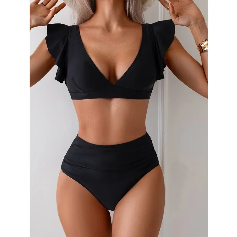 

Summer new sweet premium bikini, black ruffle edge, beach daily personalized swimsuitCV