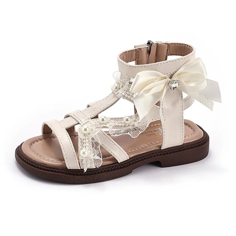 2026 Summer Roman Sandals for Girls Lace Bow Open Toe Princess Shoes Soft Sole Lightweight Breathable Casual Beach Kids Footwear