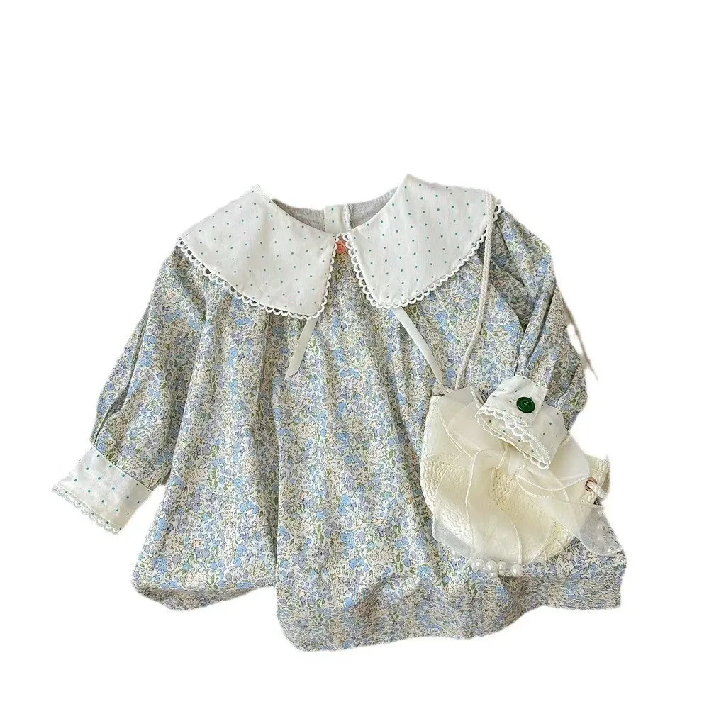 Popular Girls Dress2024Autumn New Western Style Baby Girl Loose Lapel Long Sleeves Children Floral Skirt