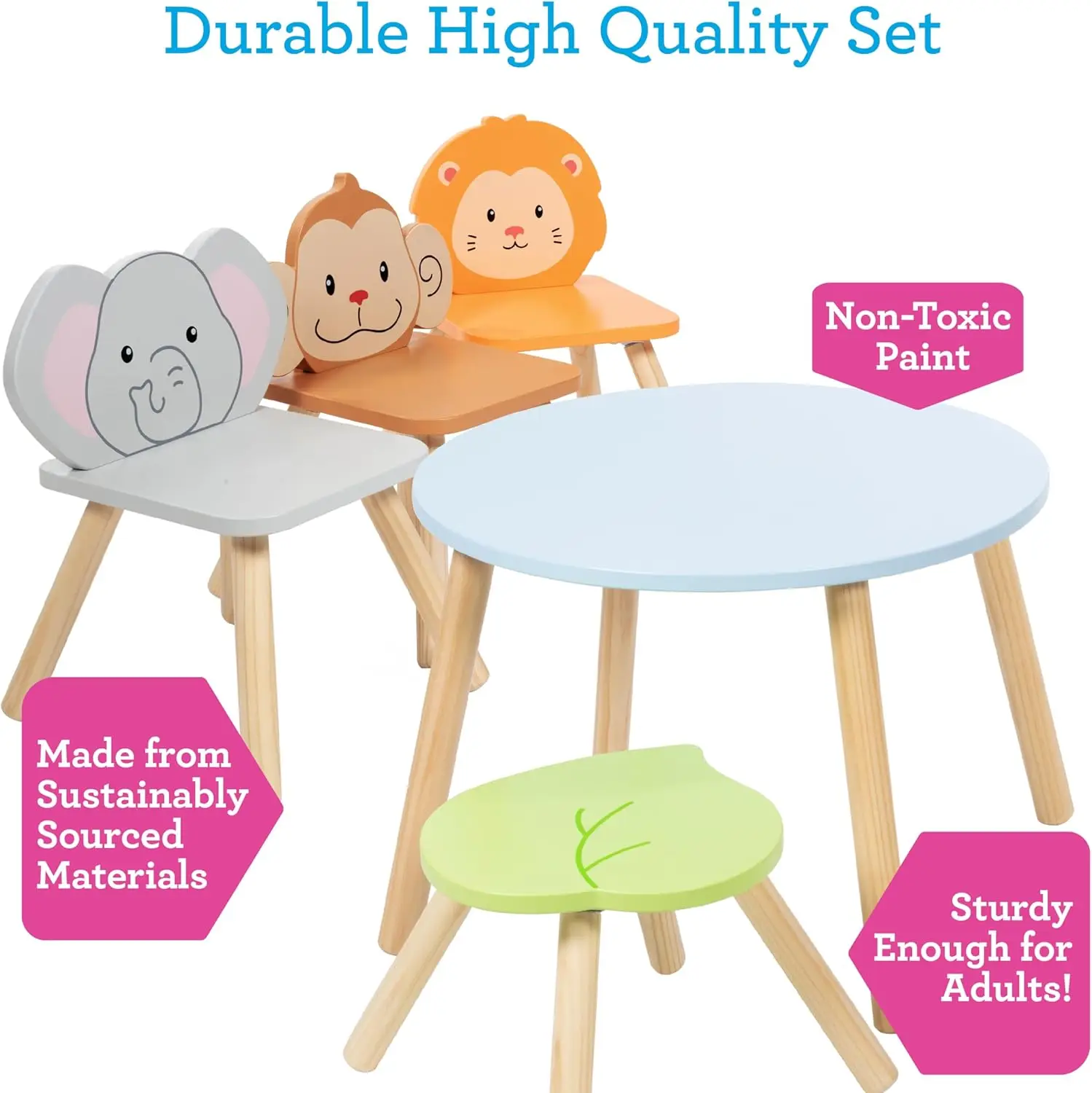 Kids Wooden Animal Table & Chair Set W 4 Seats- Monkey Lion & Elephant Plus Adult Stool For Arts Crafts, Dining, Pretend Play-