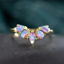 Curved Black Opal Wedding Band for Women Vintage Natural Gemstone Matching Rings Unique Pear Shaped Bridal Stacking Promise Ring