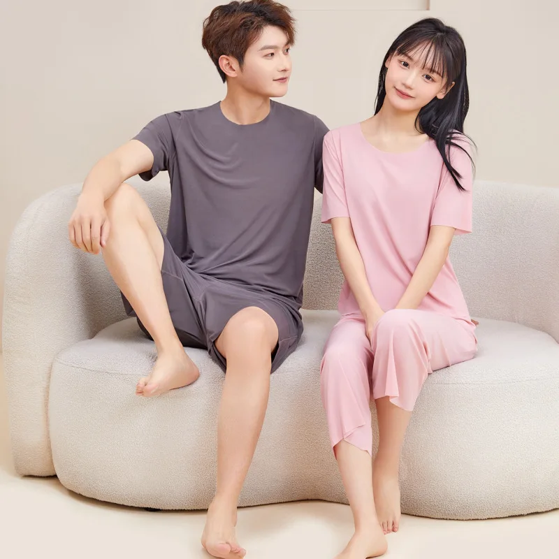

Summer Women Pajamas set Two-Piece Homewear Ice Silk Pajama trousers Simple Loose Pajamas for Couples Man and Woman Sleepwear