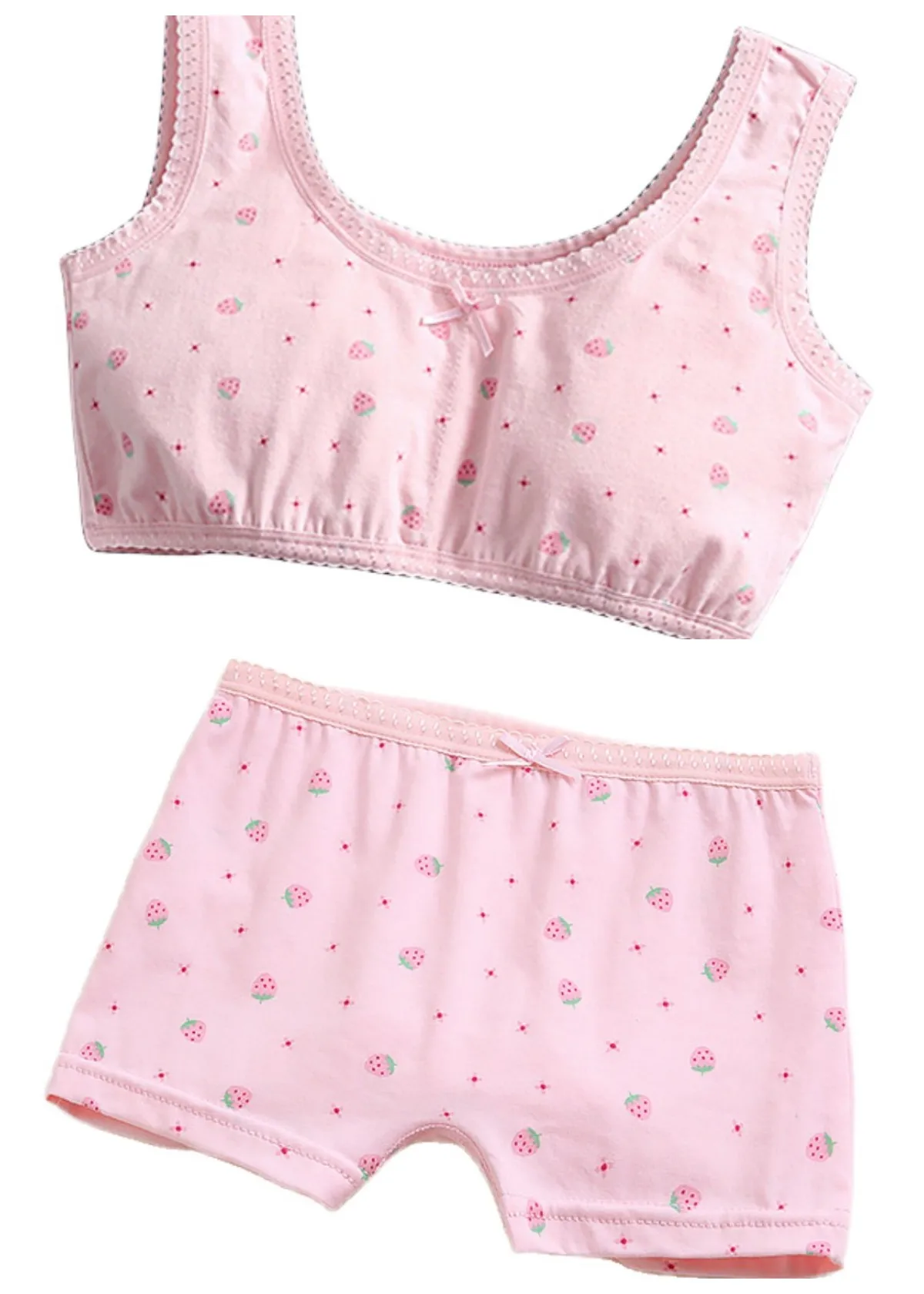 Girl Bra Boxers Set Cute Floral Strawberry Prints Teens Underwear Size 130-160 Big Girl Underwear Bra Panties Set