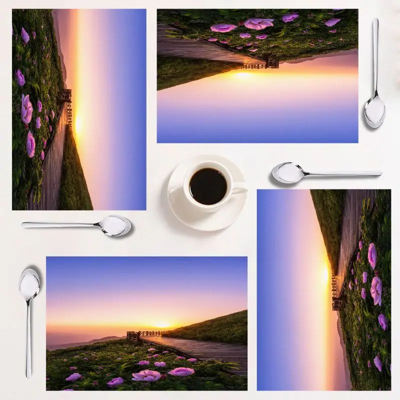 

4-piece placemat set, floral sunset design, easy to clean, rectangular home décor, perfect for dining and holidays.