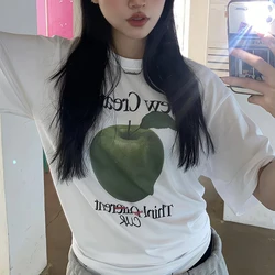 New Summer Pure Cotton Women's T Shirts Korean Series Fun Green Apple Print All-Match Idle Sle Casual Short Sleeve T-shirt