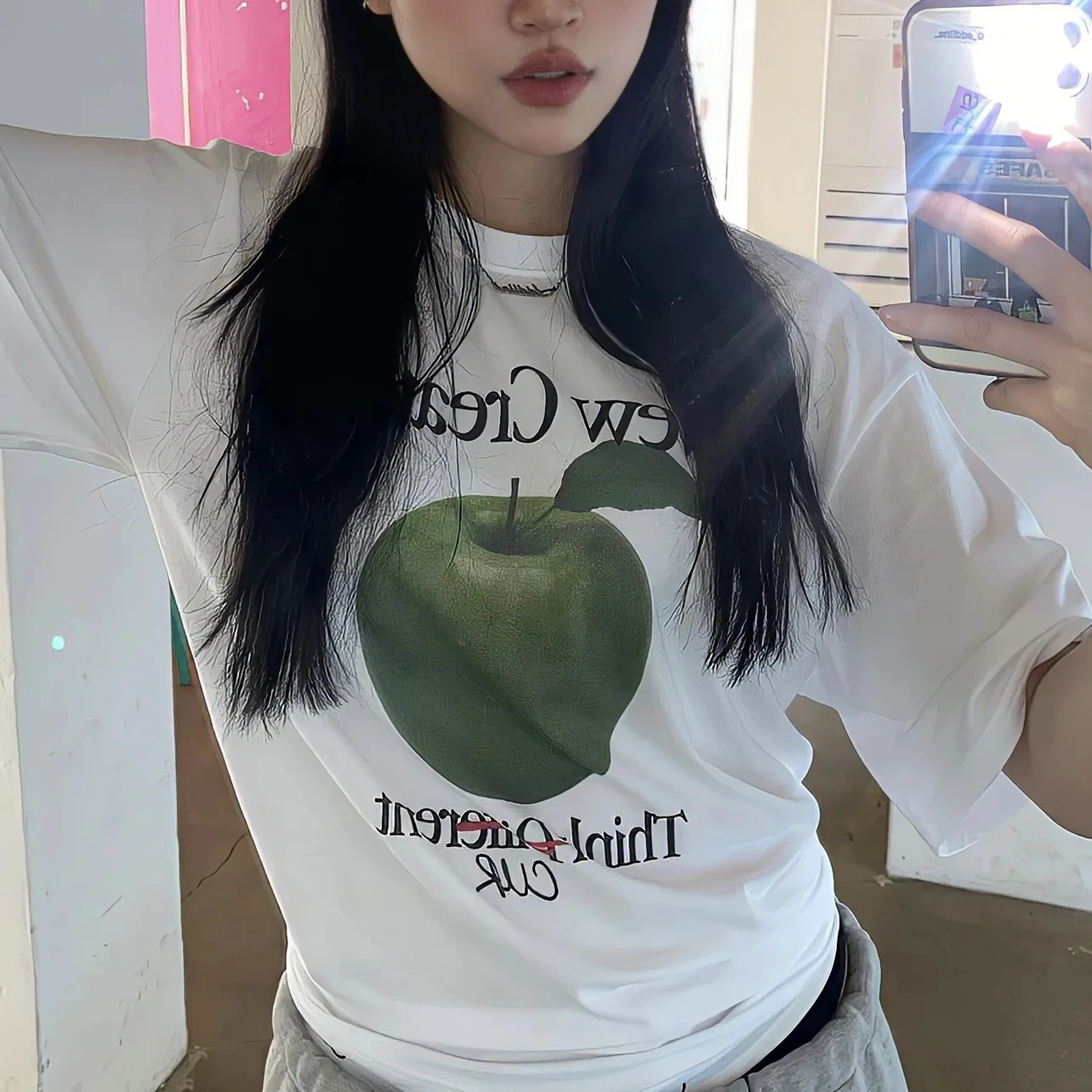 여성용 순면 티셔츠, 재미있는 한국 시리즈, 그린 애플 프린트, 올 매치, 캐주얼 반팔 티셔츠, 여름 신상 Best5 여성용 순면 티셔츠, 재미있는 한국 시리즈, 그린 애플 프린트, 올 매치, 캐주얼 반팔 티셔츠, 여름 신상 Best5
