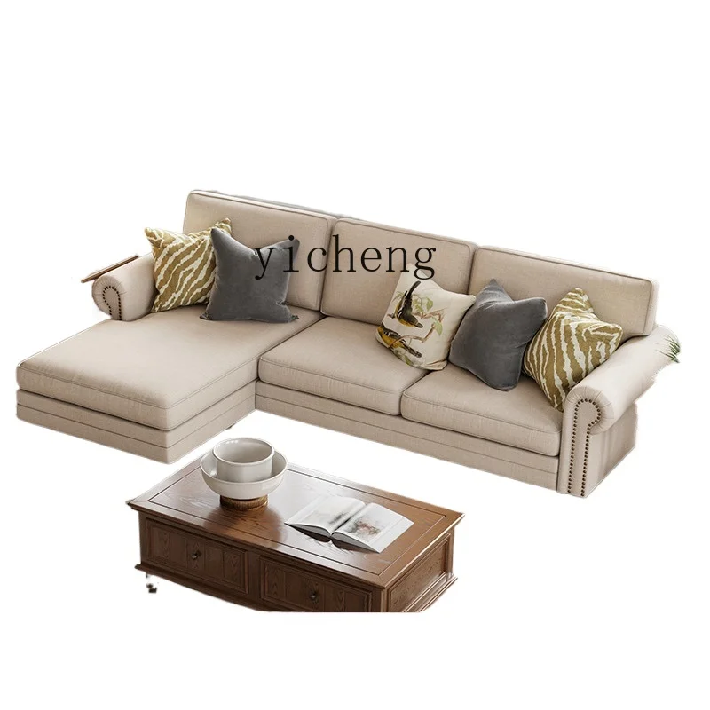 

Xl Fabric Sofa Solid Wood Living Room Set Cotton and Linen Three-Seat Corner Princess Retro Furniture