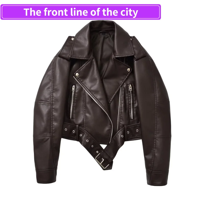 Jaqueta de Couro Solta e Elegante para Mulheres, com Cinto e Gola de Pelo, Fechamento com Zíper, Manga Longa, Ajuste Regular