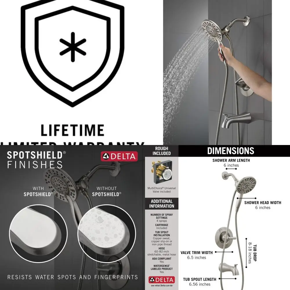 

Arvo 14 Brushed Nickel Bathtub Shower Faucet with In2ition 2-in-1 Dual Shower Head and Handheld Spray Combo, Valve Trim Kit, Spo