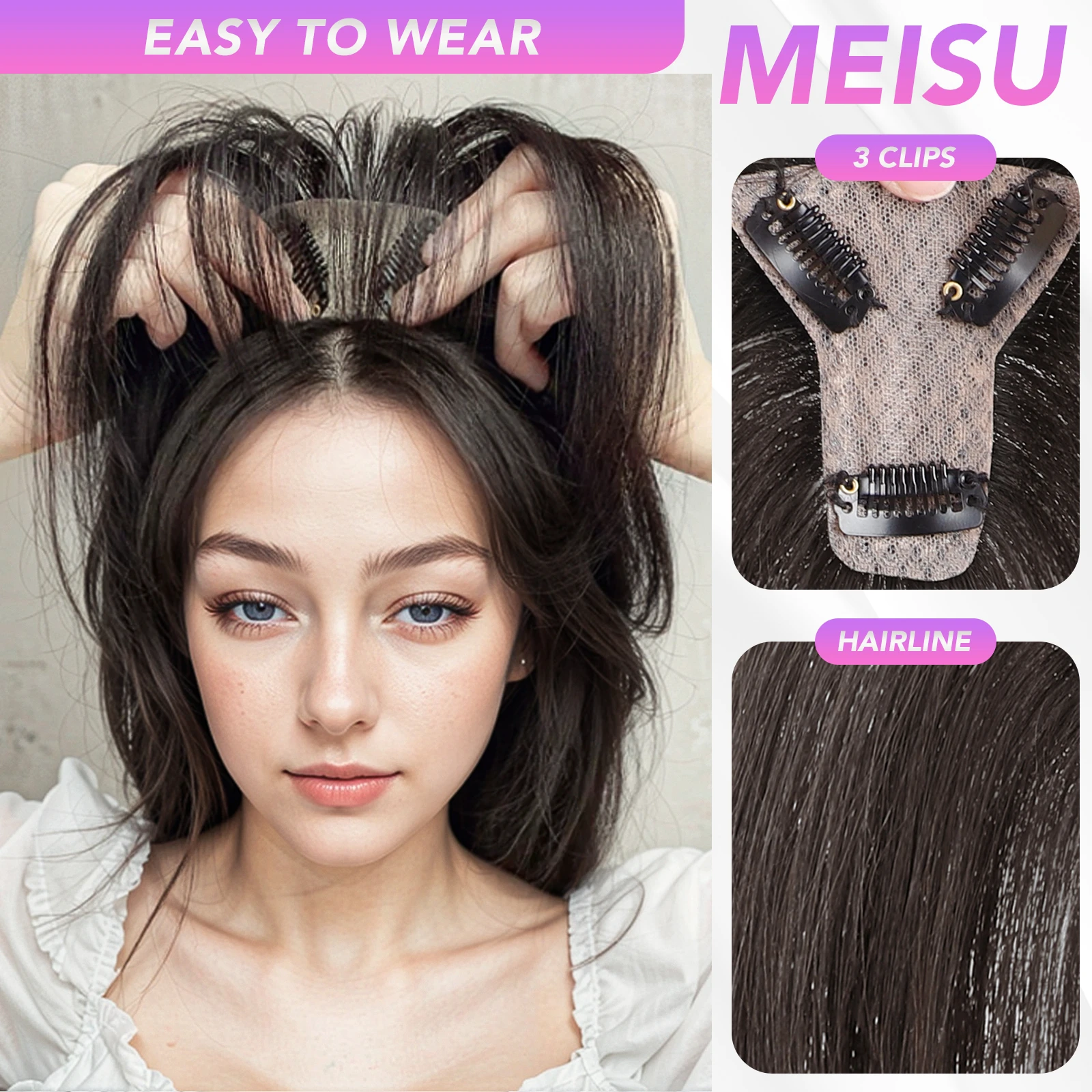 MEISU Human Top Hairpiece Natural Scalp Top Asian Hair Extension For Women Clip In Hairpiece Increase Volume Extension Daily Use