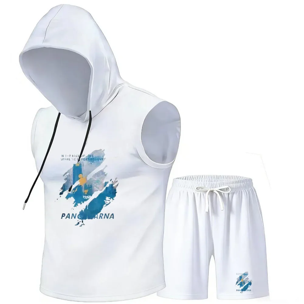 2026 Men's hooded top+shorts summer new loose round neck trendy set, casual and comfortable, youthful and fashionable print