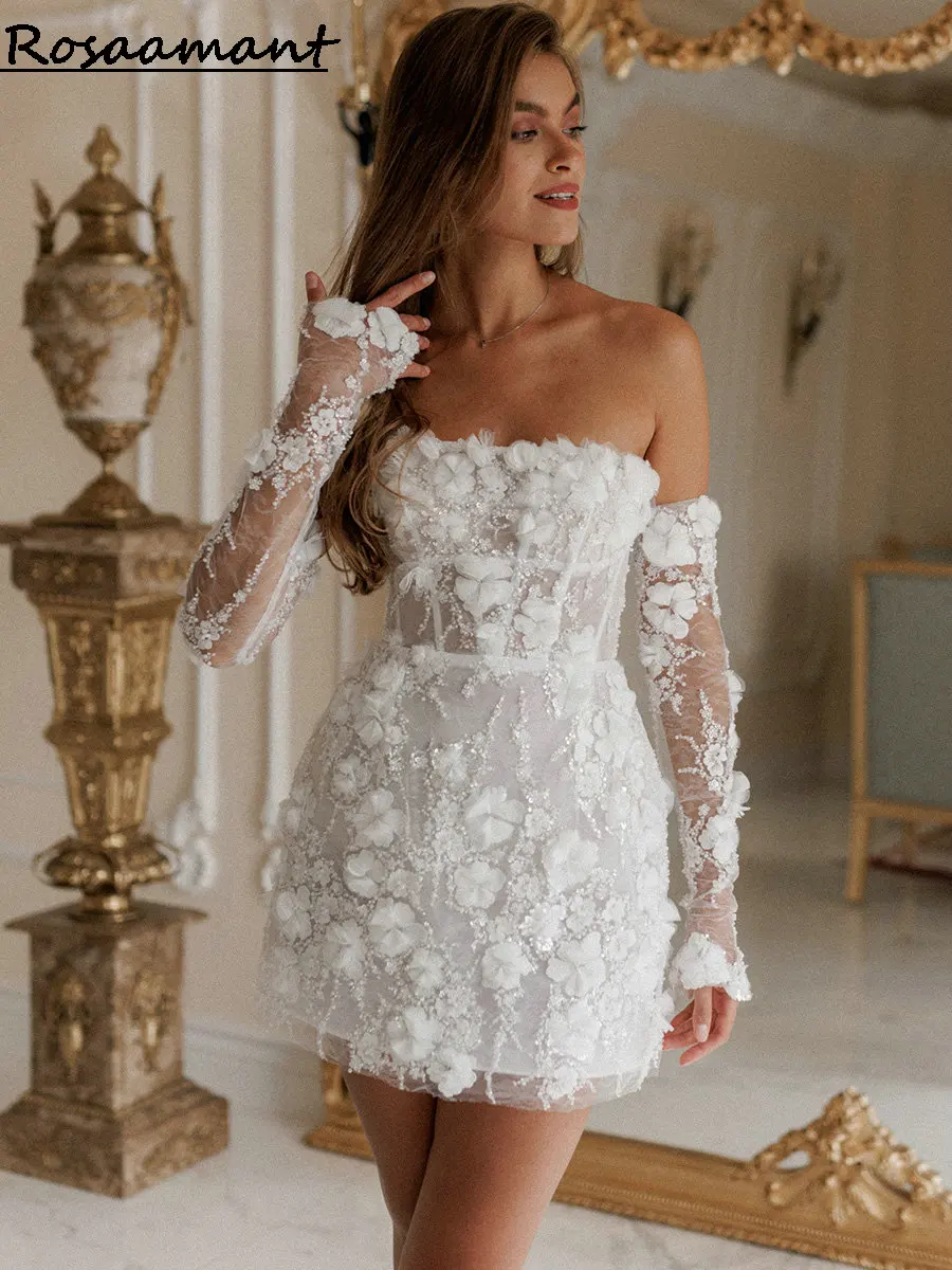 

Glitter Crystal Sequined Mini Short Wedding Dresses Detachable Sleeve 3D Flowers Country Boho Bridal Gowns