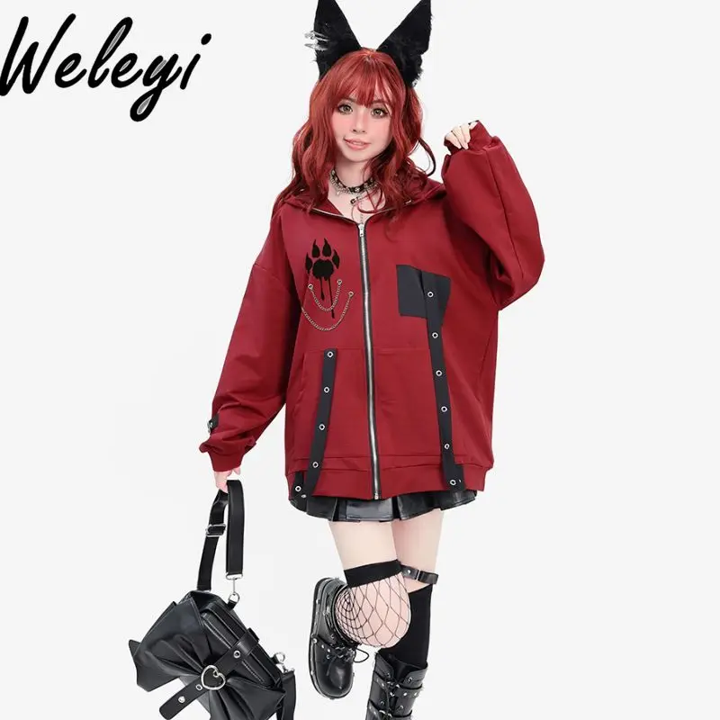 

Gothic Clothes Cool Girl Red Cardigan Coat Student Asian Culture Punk Sweet Y2K Loose Hooded Sweatshirt Female Harajuku Clothing