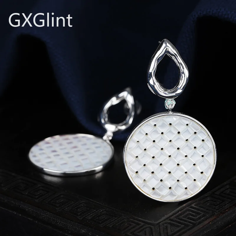 

GXGlint 925 Sterling Silver Natural Shell Earrings Chic Circular Pendant Ear Jewelry Long Earrings for Women