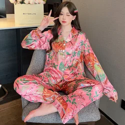 Spring Summer Thin Long Sleeved Satin Silk Pajamas Soft Peach Blossom Tiger Print Sleepwear Light Luxury Woman Pajama Sets