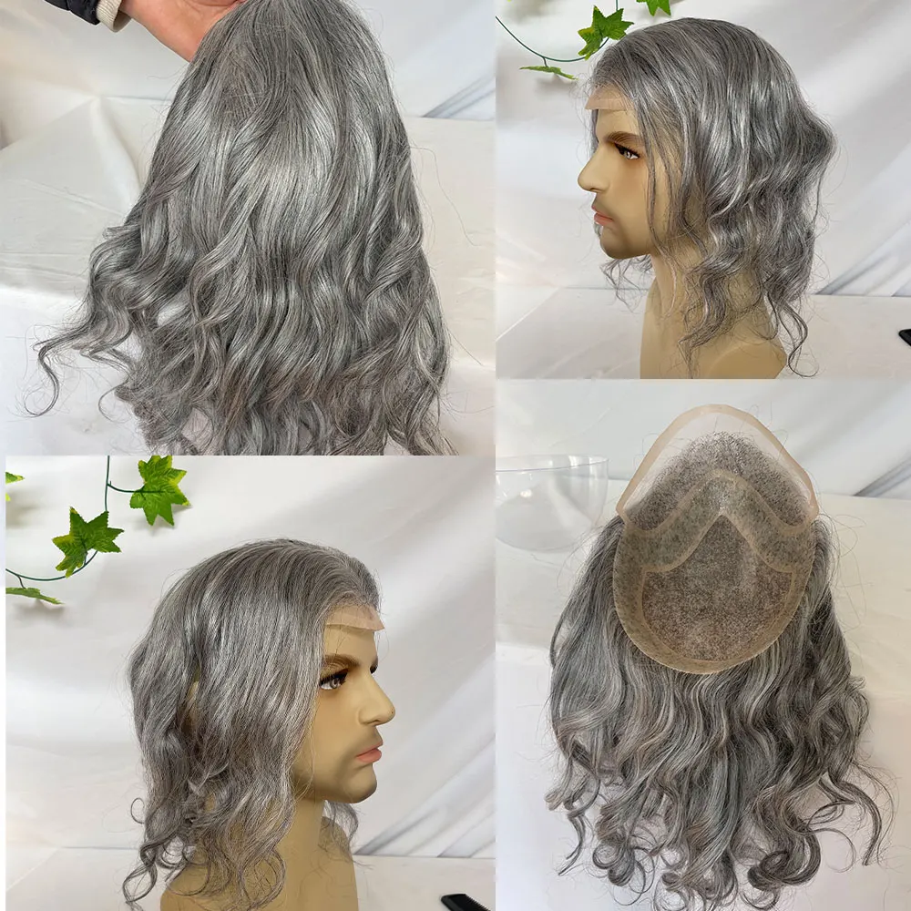 Toupee untuk Wig pria 12 "rambut panjang sistem pengganti gelombang alami untuk pria ukuran dasar 10" x8 "1B rambut manusia campuran 80% rambut abu-abu