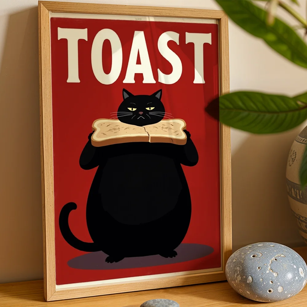 Vintage Fat Black Cat With Toast Canvas Poster Wall Art,2D Print Wall Decor,Fun Home Gift For Kitchen Living Room