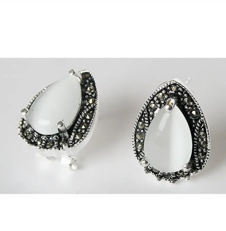 

ВИНТАЖНЫЕ СЕРЕБРЯНЫЕ СЕРЬГИ СТЕРЛИНГЫ 925 ЧЕРНЫЙ Натуральный Камень И БЕЛЫЙ ОФЛЕЙН МАРКАЗИТ СЕРЬГИ 15X19MM