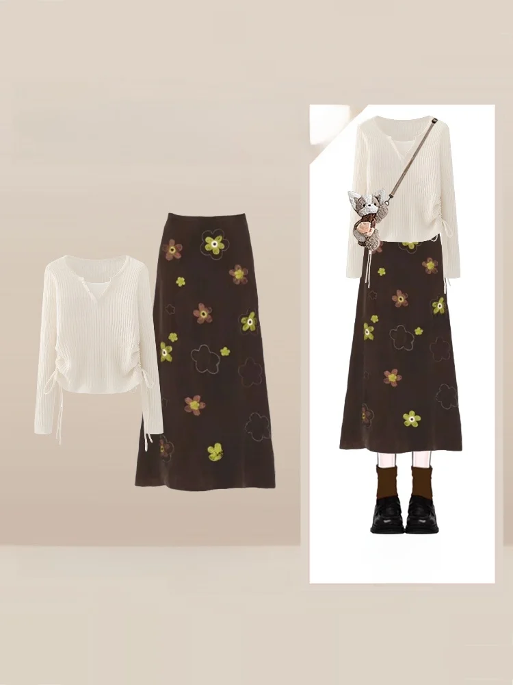 

Корейский вязаный комплект из двух предметов: модная юбка миди и топ для женщин, омолаживающий и элегантный образ