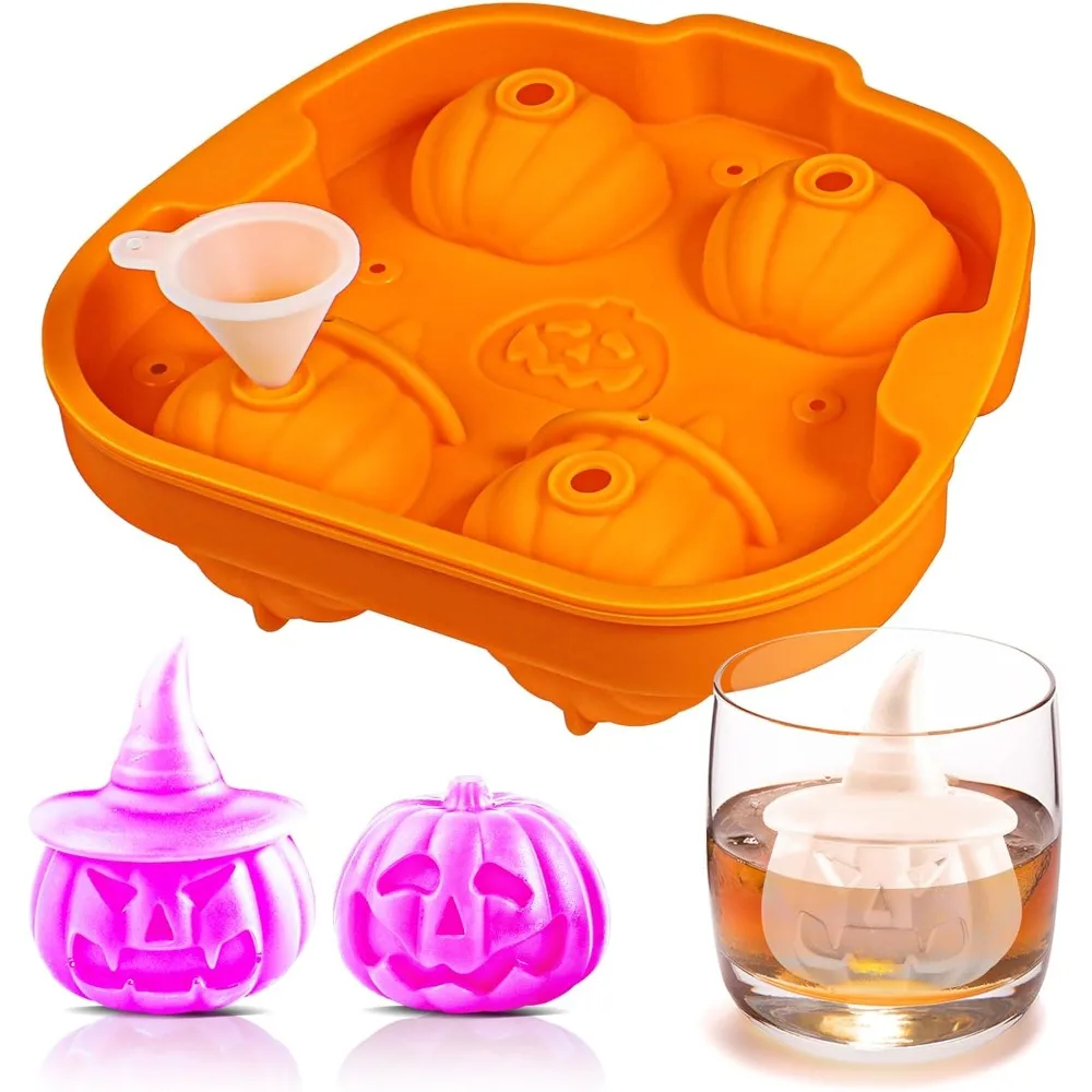 Halloween Silicone 3D Pumpkin Shape Ice Cube Mold with Funnel for Whiskey Cocktail Beer Fruit Juice and Beverages Party Supplies