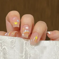 24P Cute Childlike Rainbow Nail Art Full Cover Artificial Fake Nails Wearing Reusable False Nails Ballerina Press on Nail Art