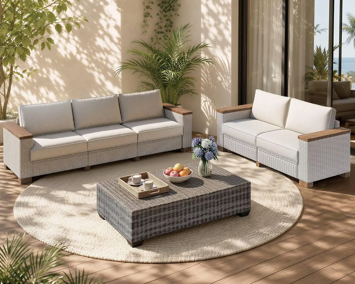 

5-Piece Wicker Patio Furniture Set with Solid Wood Armrest, Outdoor Patio Set with Thick Legs, UV-Resistant Modular, Customized