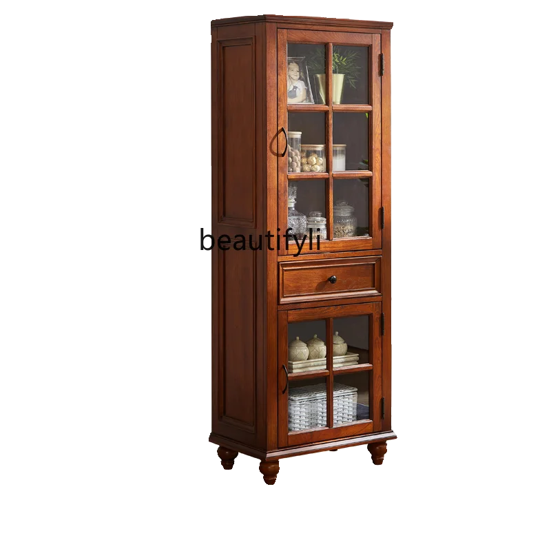 

American Country Double Door Solid Wood Study Bookcase with Glass Door Living Room Display Shelf Wine Cabinet Storage