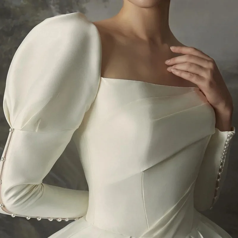 Robe de soirée en satin à manches longues bouffantes de luxe, robe trapèze, robe de princesse, magnifique, style vintage Herfestivités, fête de mariage, patients, quoi que ce soit