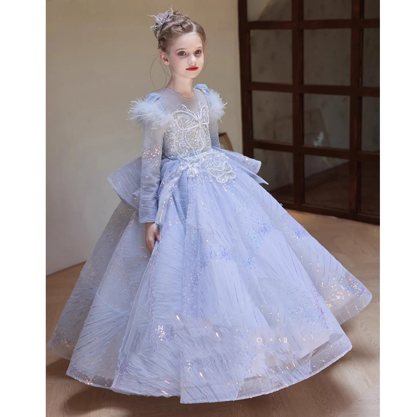 Robe de soirée princesse bleue à manches longues pour filles, en Tulle bouffant, défilé de mode, hôte de spectacle de Piano, spectacle formel