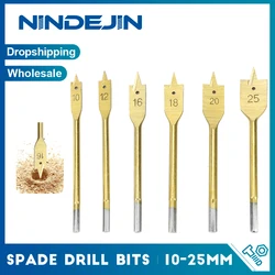 NINDEJIN 6pcs Woodworking Spade Drill High Speed Steel Titanium Coated Three Point Wood Drill Carpentry Tools 1/4 Hex Shank