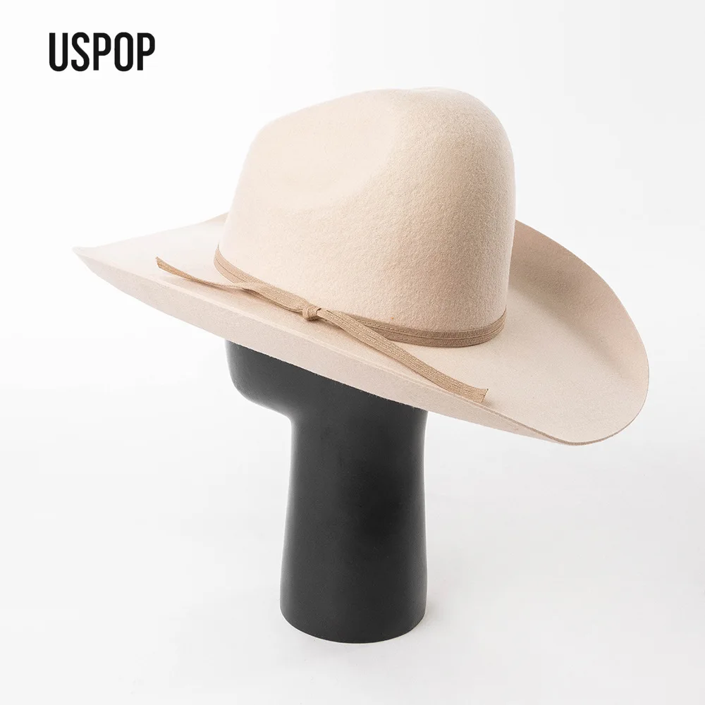 

USPOP 100% шерстяная фетровая шляпа Fedora с широкими полями для женщин, элегантная роскошная ковбойская шляпа в западном стиле с бантом из ленты