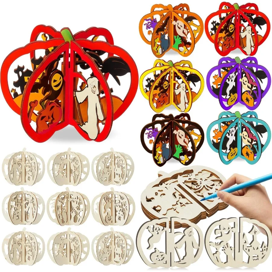 

72 Pcs Halloween Wooden Crafts Kits Set 24 Pumpkin DIY 3D Unfinished Wood Slices Coloring Blank Wood Cutouts to Paint for Hallo