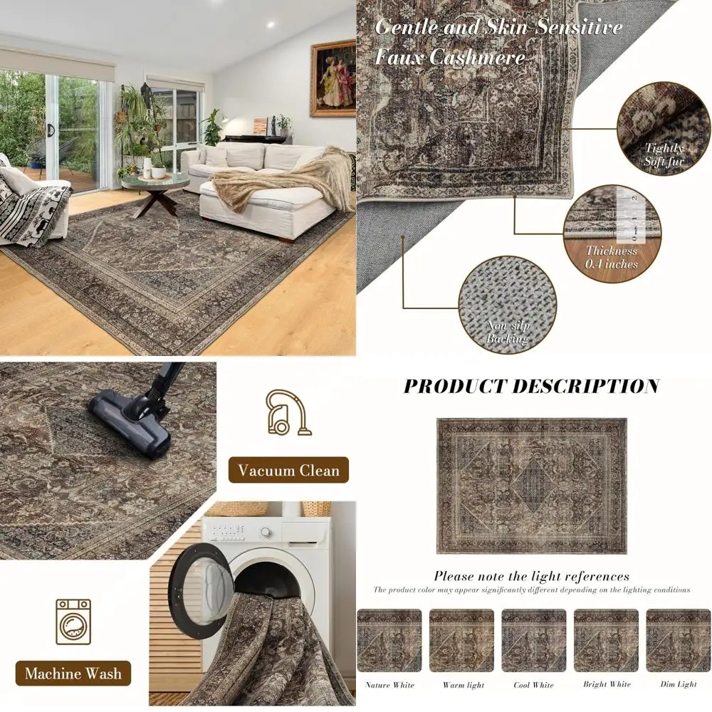 

6x9 Vintage Boho Style Area Rug, Ultra Soft Low Pile, Washable, Non-Slip, Stain Resistant Carpet for Living Spaces and Bedrooms