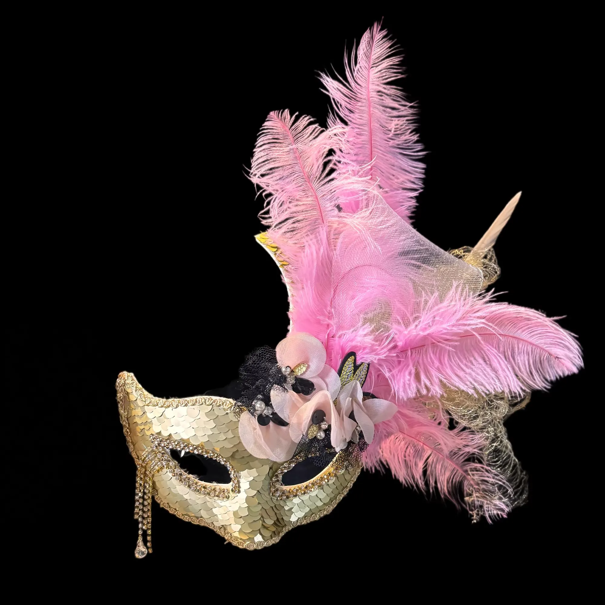 

Mask with feather glitter, adult dance party performance headpiece, pink ethnic style exaggerated pink mask for women