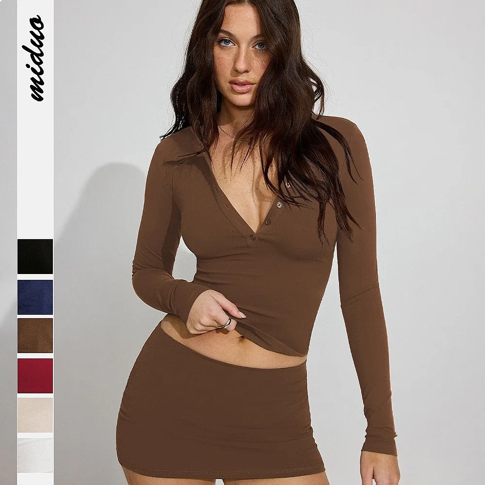 Cross-border new foreign trade POLO collar slim-fit button long-sleeved T-shirt commuter chic Y2K Spice Girl bottoming short top
