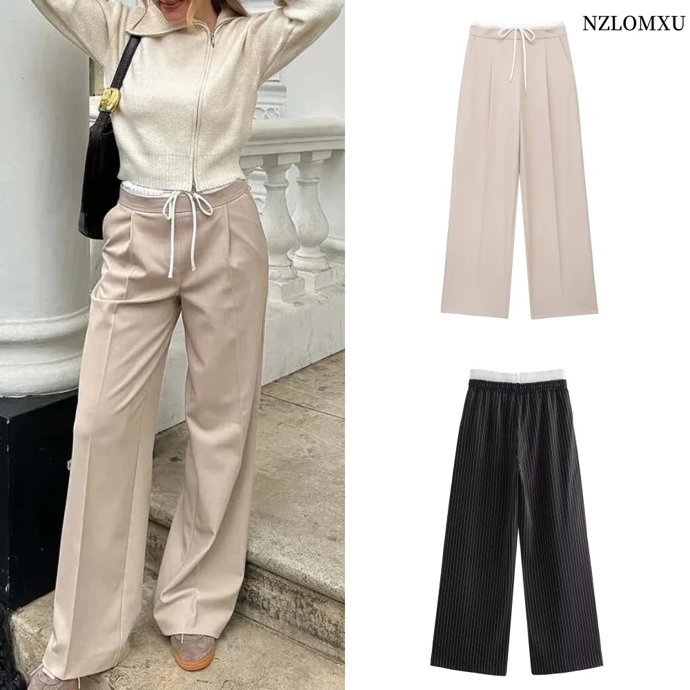 2024 pantaloni dritti solidi larghi casual da donna pantaloni vintage con lacci da donna chic in vita alta elastica femminile