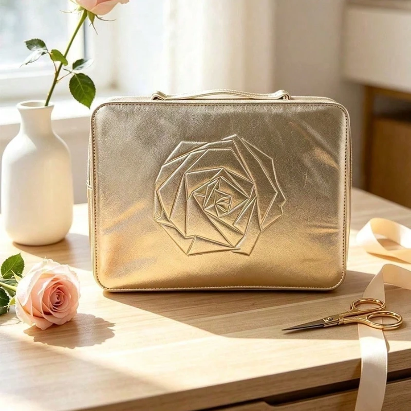 Lancome Metallic Gold Embossed Rose Cosmetic Bag Large Capacity Travel Makeup Storage Bag For Daily Outing Birthday Holiday Gift