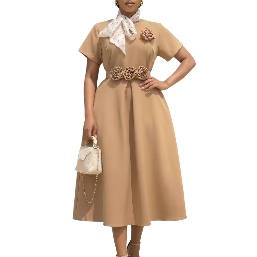 Elegantes Damen A-Linien-Plissee-Kleid mit O-Ausschnitt, Kurzen Ärmeln und 3D-Blumenmuster, Hohe Taille, Neues Sommerkleid für Partys, Formelle Anlässe und Kirche – Detail 8