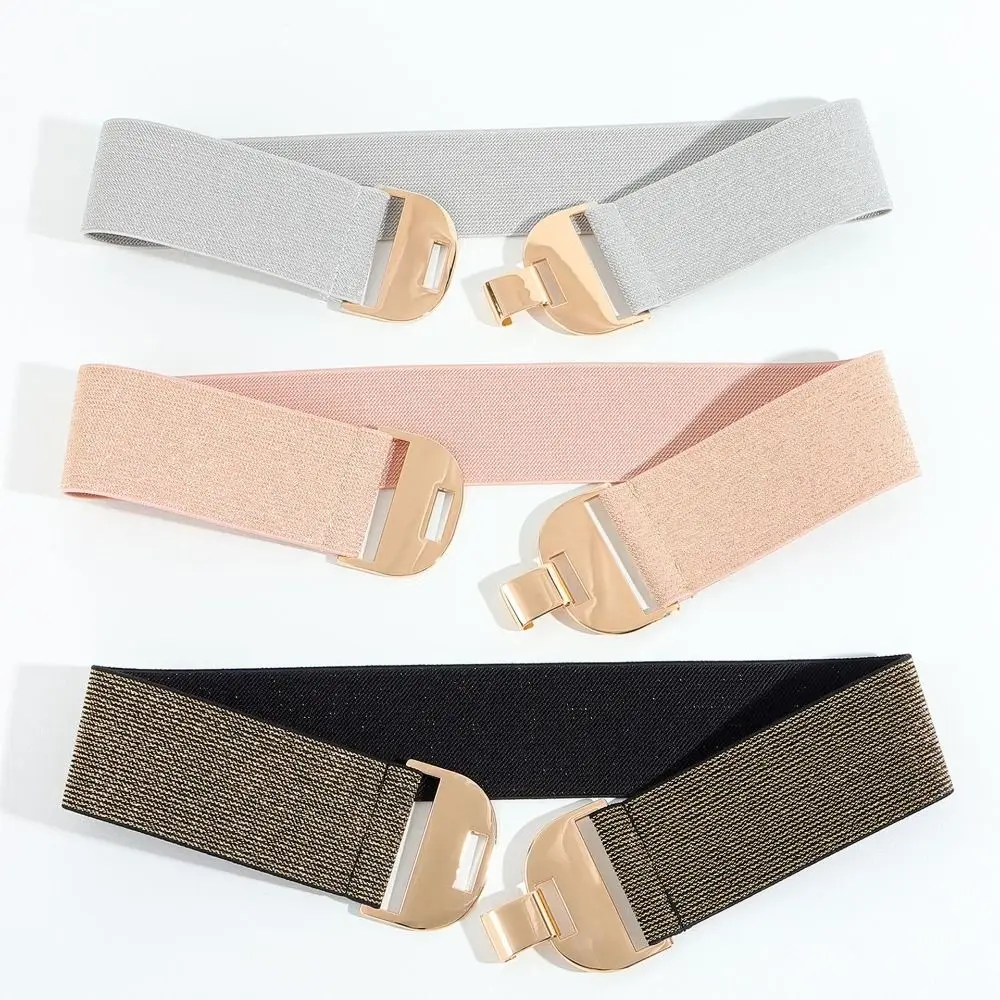 

Woman Symmetrical Buckle Pearlescent Glitter Waist Belt Trendy Brand Luxury Design Elastic Waistbands Bohemian Woven Belts