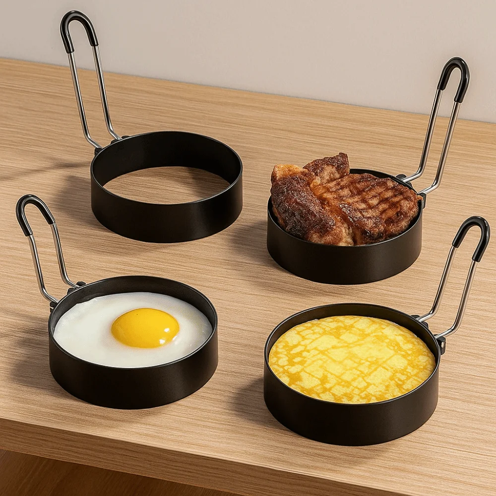 

6pcs Practical Stainless Steel Fried Egg Rings Nonstick Round Hamburger Patties Mold Foldable Handle Pancake Mold Home