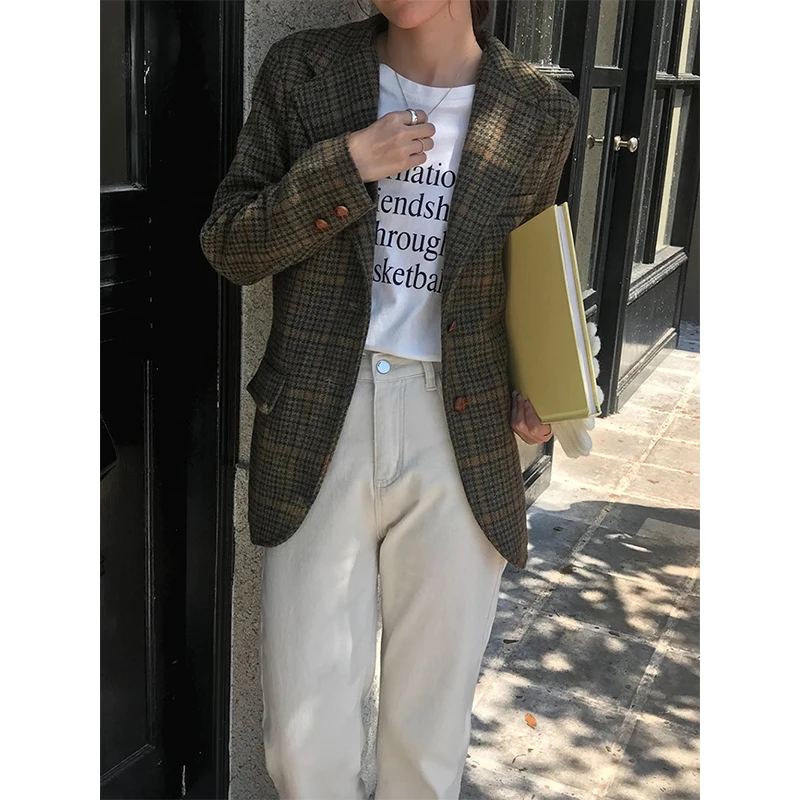 

Vintage Wool Blends Coats Women Plaid Woolen Jacket Elegant Commute Blazer Korean Long Sleeve Outerwears Winter Ladies Overcoat