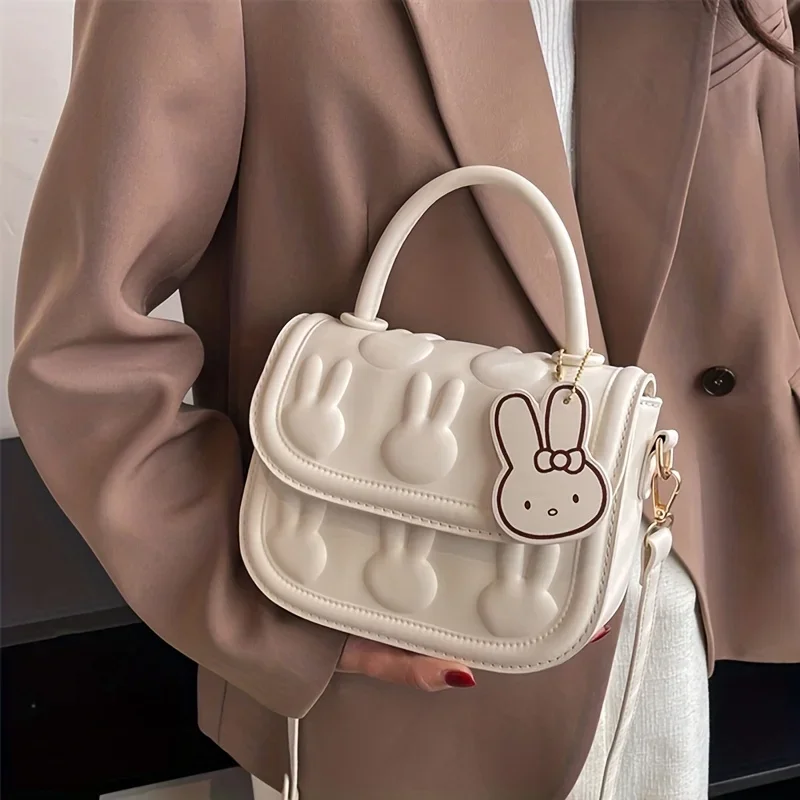 Kawaii Bunny Embossed Square Bag, Trendy Shoulder Bag, Top-Handles Satchel Flap Bag