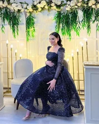 Elegant blue and black shiny party dress for pregnant women square collar long sleeve Arab birthday formal occasion قفطان مغربي