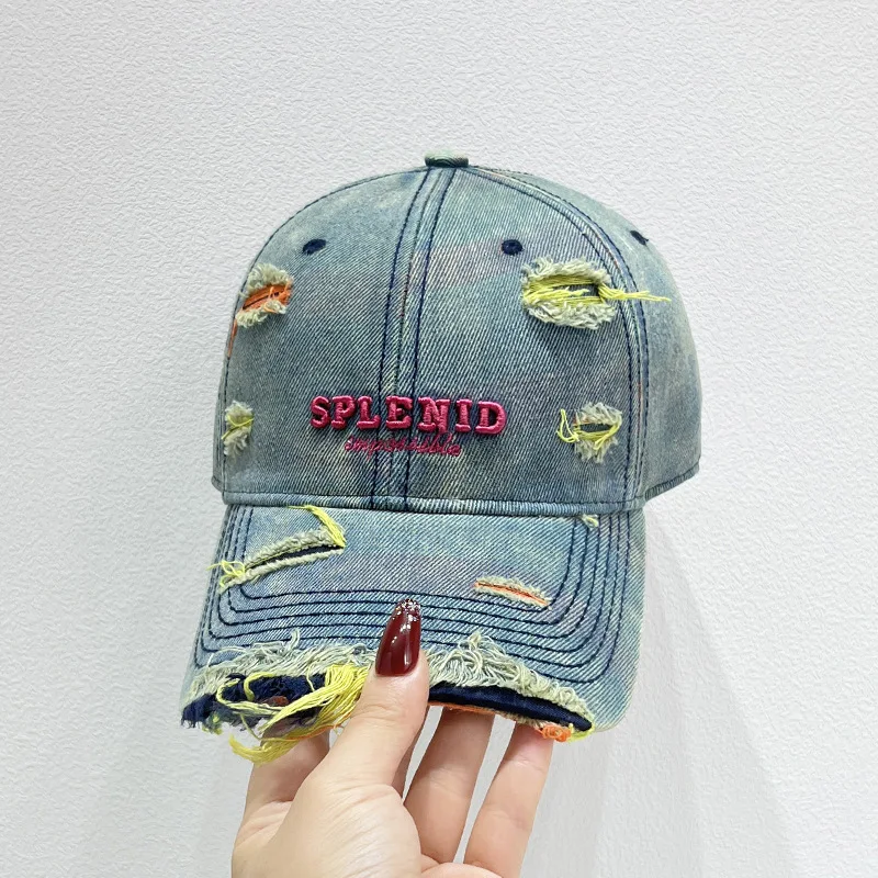 Neue Stil Frauen Kappe Tränen Stil Loch Vintage Bunte Linien Baseball Caps Weibliche Casual Outdoor Streetwear Denim Hut – Detail 6