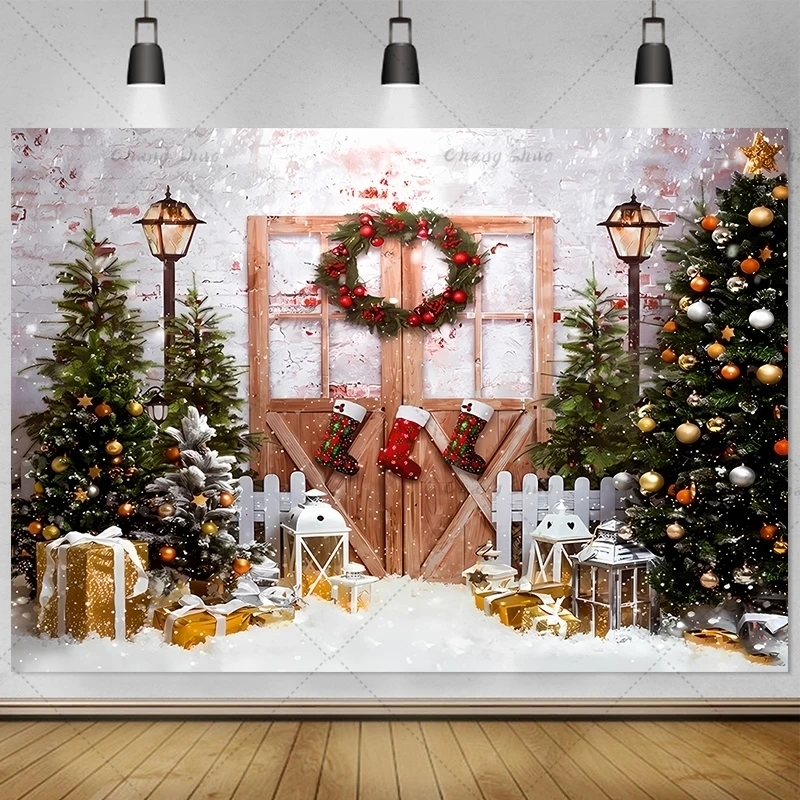 Christmas Backdrop for Photography Winter Xmas Tree Window Fireplace Gifts Wood Door Baby Family Party Portrait Photo Background