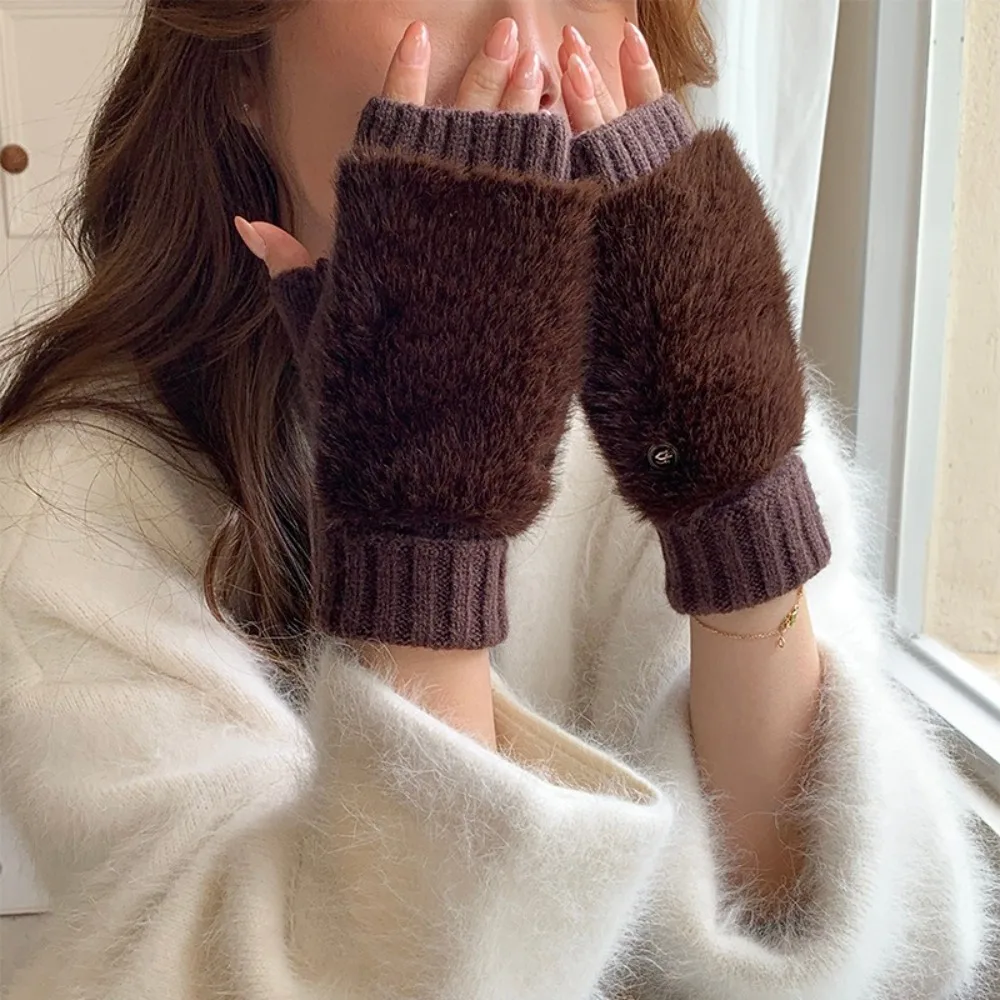 New Warm Knitted Gloves Soft Windproof Half-Finger Gloves Faux Fur Polyester Plush Gloves Writing