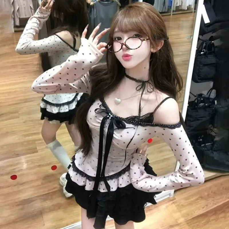 2025 New Autumn Sweet and Spicy Girl Fluffy Dress Set French Temperament Wave Point Lace Edge Camisole Shirts and Dress Set