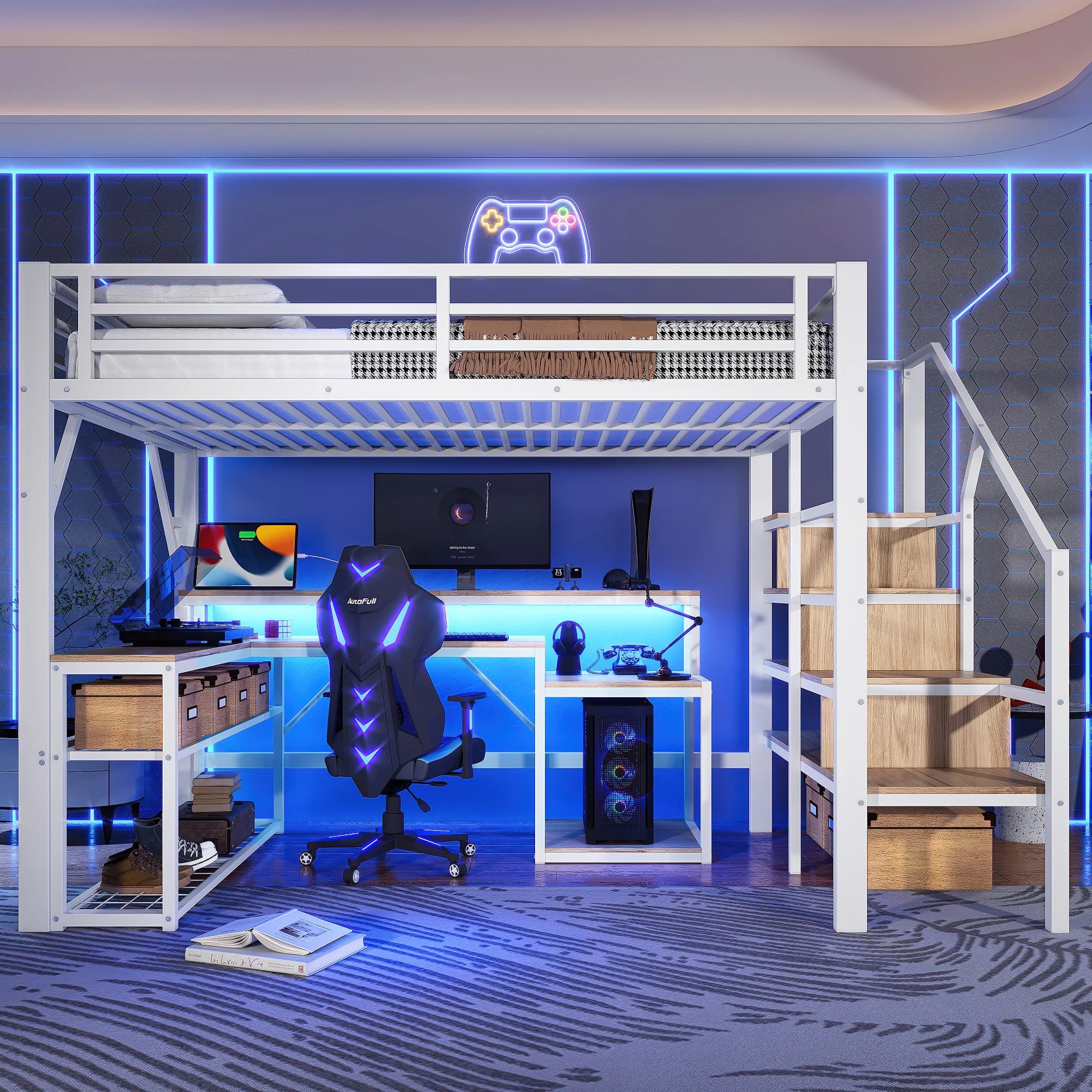 Picture 4: MODFU High Bed 140x200 Gaming bed with desk USB and LED White