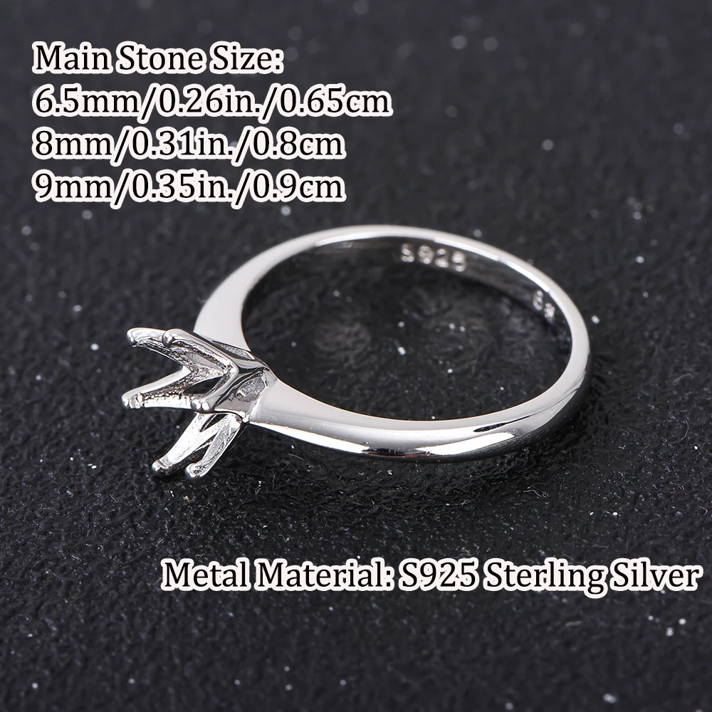 1-3ct Classic Six-Prong Solid Fixed Ring Setting, S925 Sterling Silver Material, Simple DIY Ring Accessory